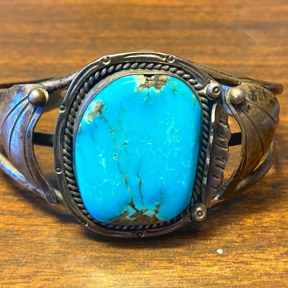 Navajo Signed Vintage Large Stone Kingman Turquoise and Sterling Bracelet Rare